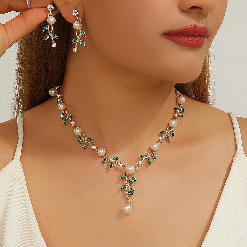 Bridal Jewelry Sets Two-piece Suit Zircon Imitation Pearl Rhinestone 1 Necklace Earrings Women's Elegant Stylish Simple Cute Beads Leaf Butterfly irregular Jewelry Set For Wedding Party Party Evening3