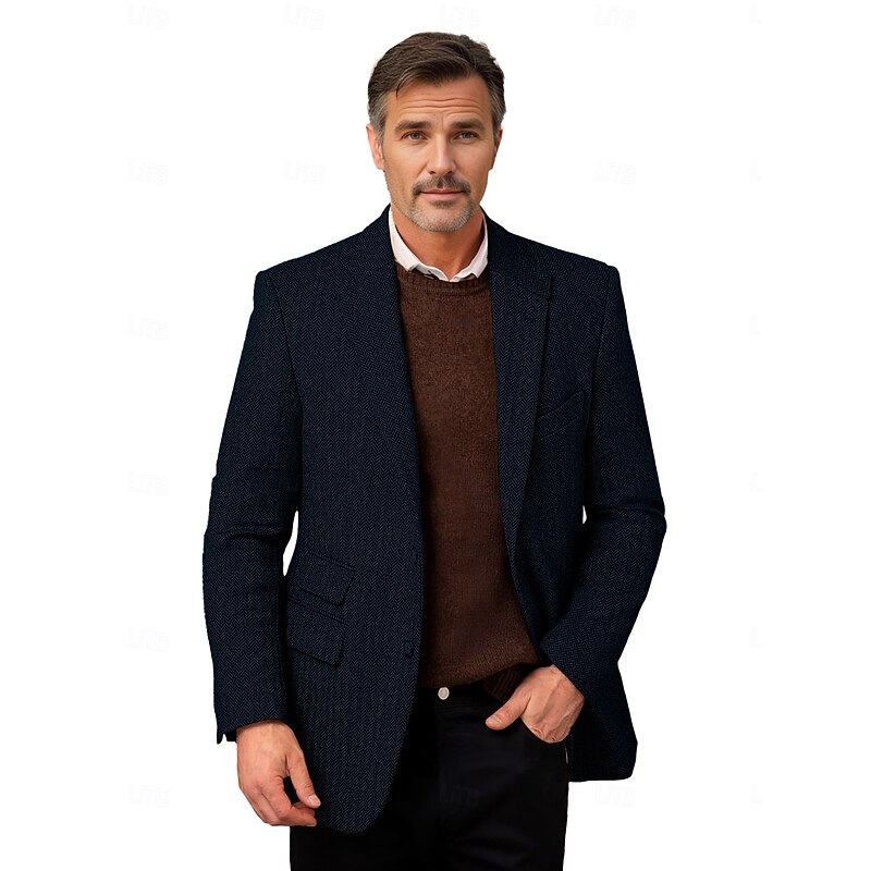 Men's Tweed Blazer Wool Herringbone Blazer Jacket Retro Vintage Classic Office Blazer Navy Blue Brown Standard Fit Single Breasted Two-buttons2