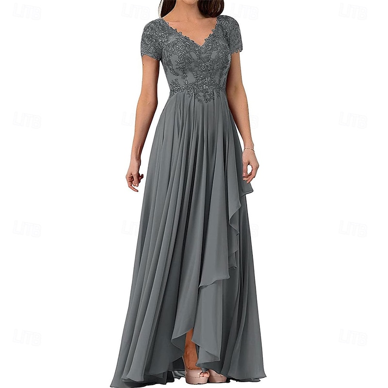 A-Line Mother of the Bride Dress Elegant Simple V Neck Floor Length Chiffon Short Sleeve with Solid Color4