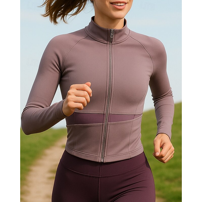 Women's Running Jacket Outdoor Jacket Full Zip Slim Long Sleeve Outerwear Athletic Color Block Quick Dry Lightweight Breathable Tennis Golf Running Sportswear Activewear Black Blue Purple4