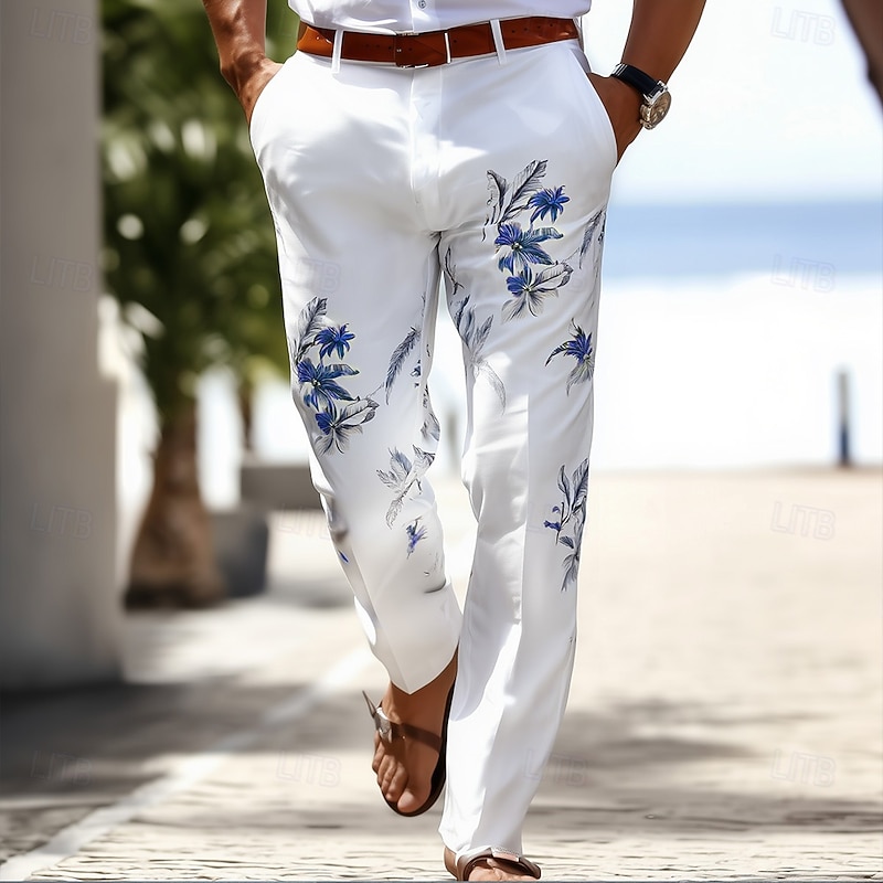 Men's Floral Print Flowers Dress Pants Trousers Suit Pants Mid Waist Casual Outdoor Vacation Regular Fit Flat-Front Straight Leg Pants with Pockets Summer Spring Fall 3D Print White Blue Purple3