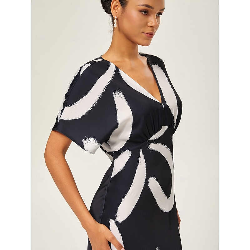 Women's Women Casual Dress Long Dress Maxi Dress Black-white Short Sleeve Abstract Summer V Neck Elegant Vacation XS S M3