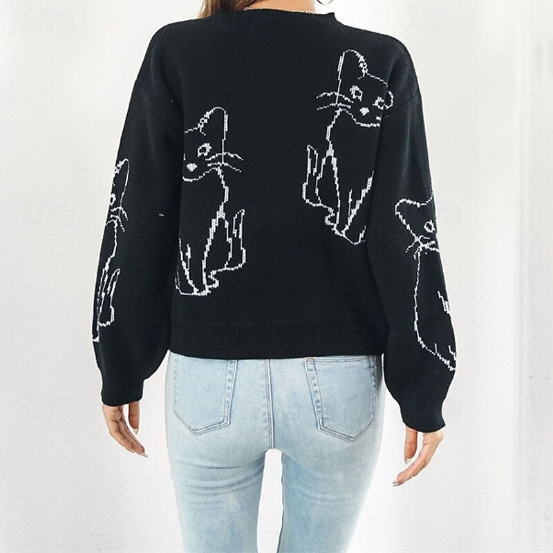 Women's Pullover Casual Animal Chunky Crew Neck Knitted Long Sleeve Regular Tops Knit Daily Holiday Going out Black White Fall Winter4