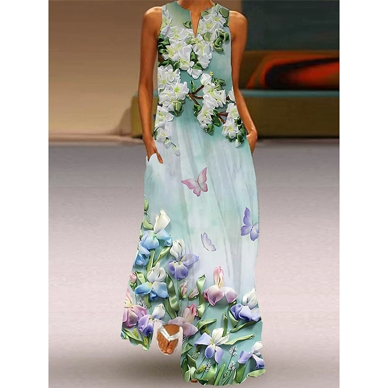 Women's Maxi Dress Sundress A Line Dress Summer Dress Vacation Casual Boho Holiday Loose Fit Ombre Floral Graphic Sleeveless V Neck Notched Neck Aqua Blue Sage Green Lilac Summer Spring3