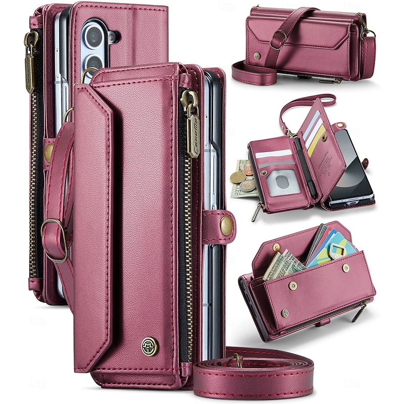 Phone Case For Samsung Galaxy Z Fold 7 Wallet Case Zipper Full Body Protective with Lanyard TPU PU Leather