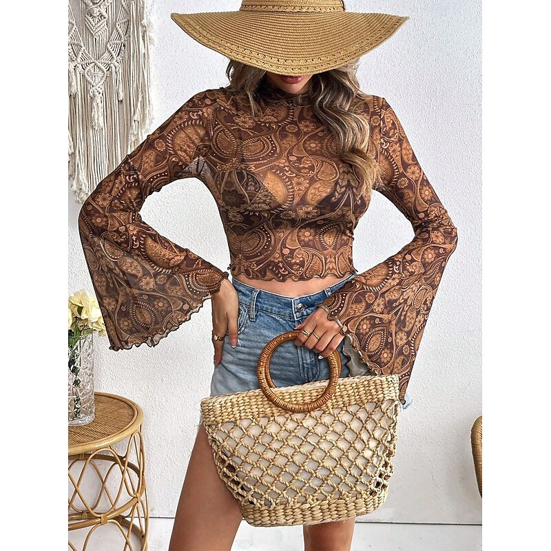 Women's Boho Shirt Blouse Paisley Daily Stylish Long Sleeve Bell Sleeve Crew Neck Crop Tops Daily Holiday Print Brown Summer Spring3