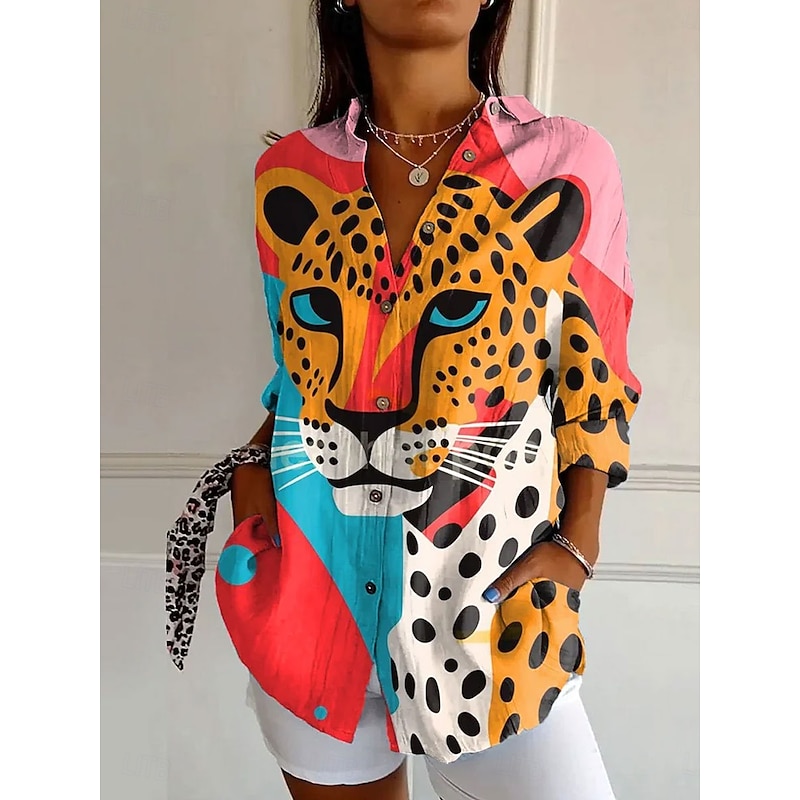Women's Shirt Button Down Tunic Shirt Collar Long Sleeve Graphic Animal Daily Stylish Casual Regular Tops Daily Holiday s Print Pink Blue Green Khaki Spring Fall3