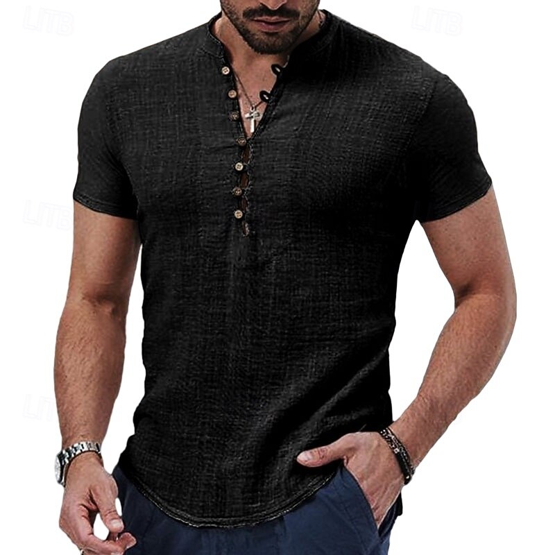 Men's Linen Shirt Band Collar Shirt Popover Shirt Summer Shirt Beach Wear Casual Shirt Plain Vacation Casual Black White Red Khaki Short Sleeve Band Collar Summer Clothing Apparel Buttons2