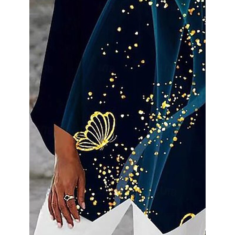Women's Blouse Butterfly Daily Stylish Long Sleeve Crew Neck Regular Tops Daily Holiday Print Asymmetric Hem Navy Blue Summer Spring3