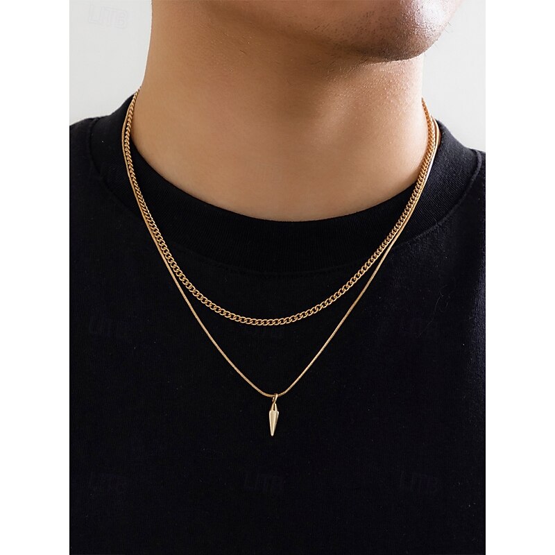 Men's Gold Plated Double Layer Pendant Necklace – Minimalist Cuban Chain and Bullet Charm Jewelry for Streetwear, Parties and Daily Outfits