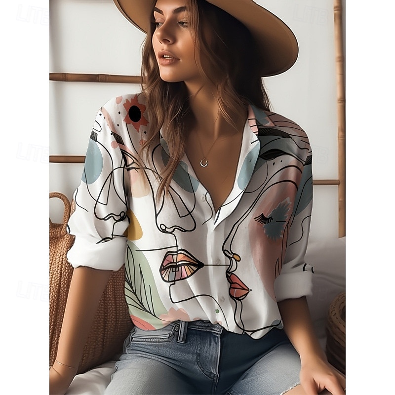 Women's Shirt Summer Tops Casual Beach Long Sleeve Shirt Collar Regular Tops White and Pink Gray+White Summer Spring Fall2