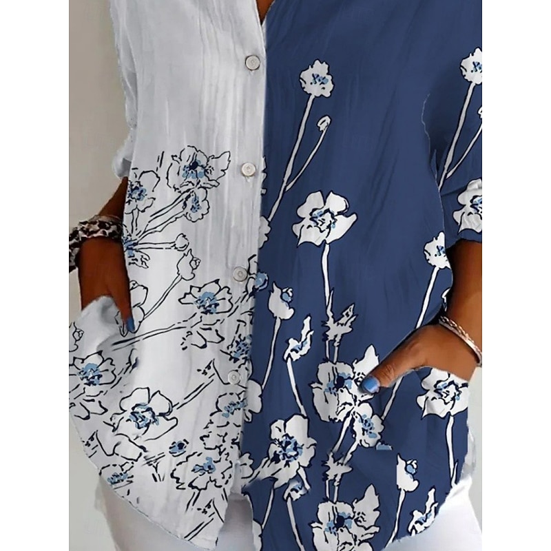 Women's Shirt Floral Active Daily Stylish Long Sleeve Shirt Collar Regular Tops Daily Holiday Buttons Print Blue Spring Fall3