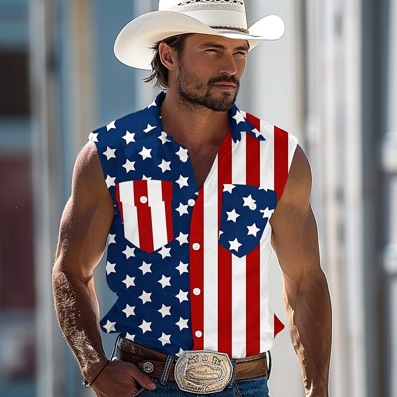 Independence Day Men's American US Flag Patriotic Fourth of July Shirt Western Shirt Cowboy Shirt Sleeveless Fashion Casual Holiday Summer Spring Turndown Front Two Pockets Button Up Shirts White Red2