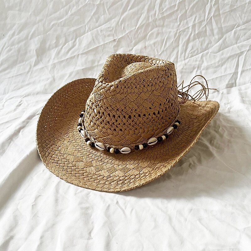 Shell Straw Hat Seaside Holiday Sun Hat Roll Brim Cowboy Straw Hat