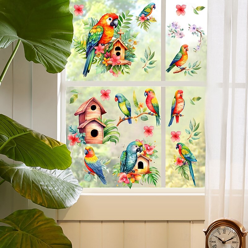 5 Sheets Cartoon Parrot Window Clings, Double-Sided Static Glass Stickers, Adhesive-Free Wall Decals for Storefront, Showcase, Home Decoration3