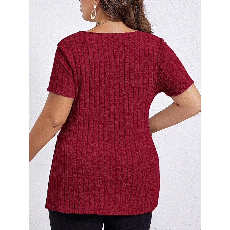 Women's Plus Size Tops T Shirt Solid Color Graphic Short Sleeve V Neck Casual Daily Polyester Summer Spring Black Wine2