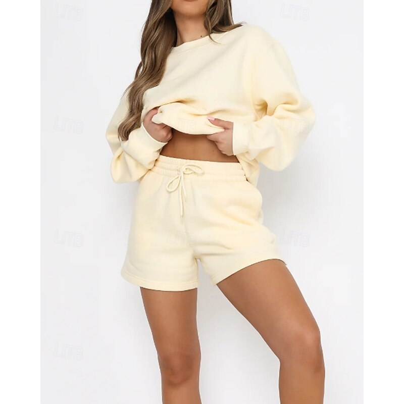 Women's Tracksuit Pullover Sweatshirt Sweat Shorts Lace Solid Colored Clothing Suit Fall Dark Khaki Black Gym Athleisure Running Windproof Long Sleeve Sport Activewear Stretchy Regular Fit3