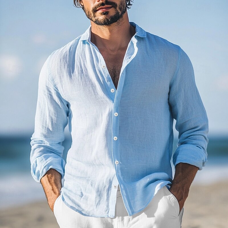 Men's Shirt Linen Shirt Summer Shirt Beach Wear Button Up Shirt Plain Vacation Casual Red Blue Green Gray Long Sleeve Turndown Summer Spring & Summer Clothing Apparel4