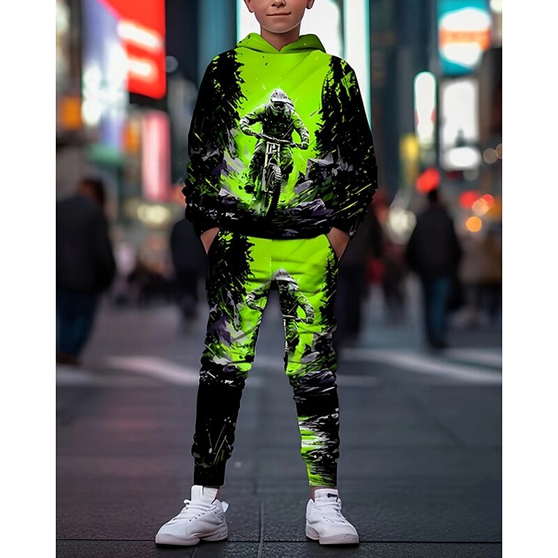 Boys' 3D Graphic Motorcycle Hoodie & Sweatpants Set Sports Suit Tracksuits Long Sleeve Spring Fall Daily Basic Casual Kids 4-12 Years Hooded Outdoor Vacation Sports Tailored Fit
