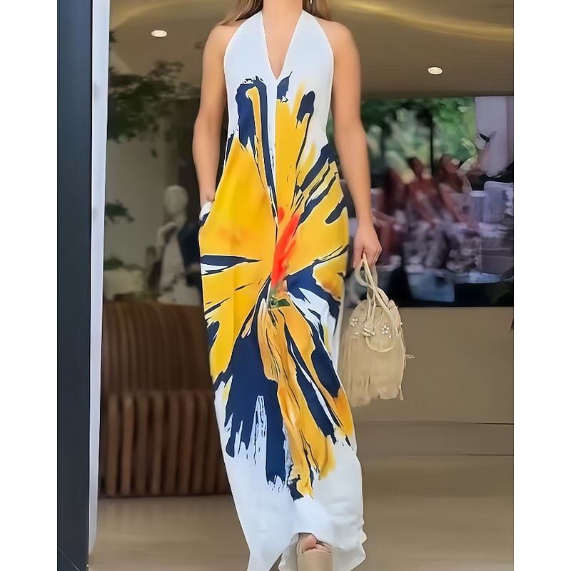 Women's Long Dress Maxi Dress Print Dress Classic Modern Outdoor Vacation Going out Regular Fit Flower Sleeveless Halter Neck White Summer3