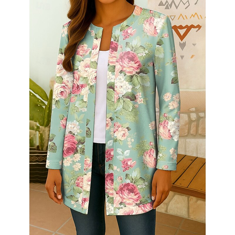 Women's Blazer Comfortable Breathable Print Open Front Elegant Vintage Fashion Boho Vintage Floral Work Casual Open Front Short Turndown Regular Fit Long Sleeve Outerwear Yellow Red Green Fall Winter3