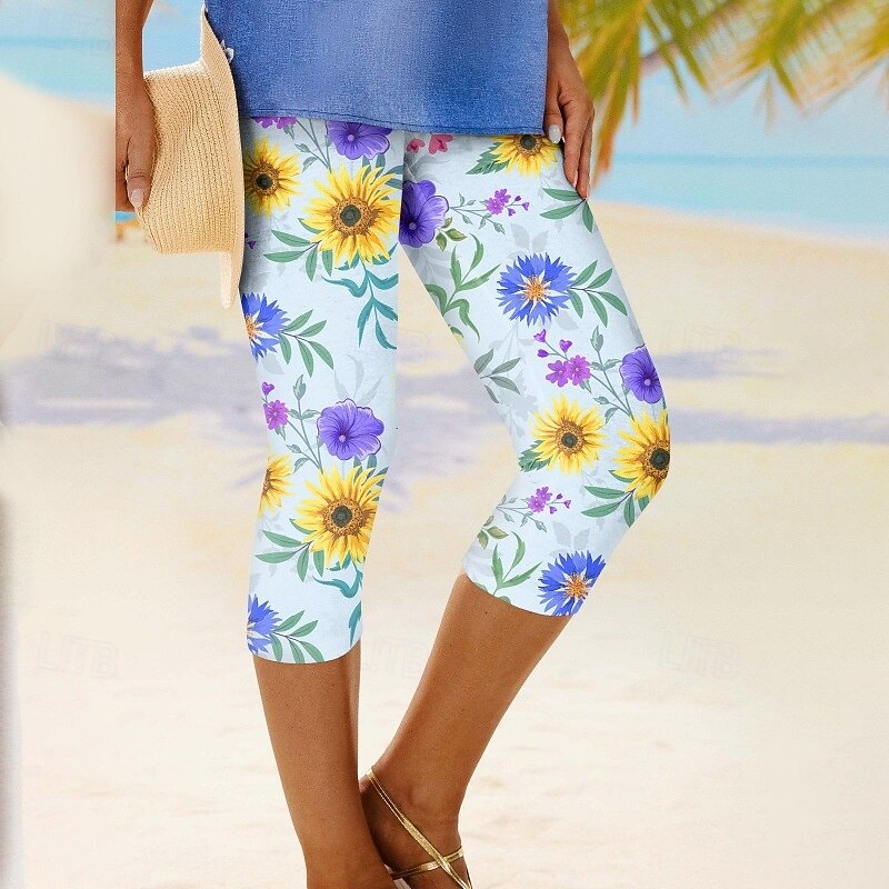 Women's Capri Pants Leggings Cozy Leggings Streetwear Casual Calf-Length High Waist Floral Elastic Waist Breathability Stretchy Vacation Street Daily Wear Deep Purple Navy Black Blue Fall Regular Fit