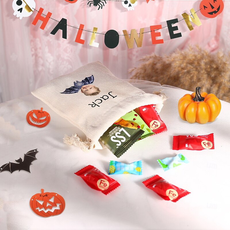 Personalized Photo & Name Halloween Treat Bag for Kids, Custom Dark Night Bat Candy Tote, Forest Theme Trick or Treat Sack, Cute Non-Scary Gift Bag for Kindergarten or Toddler Party3