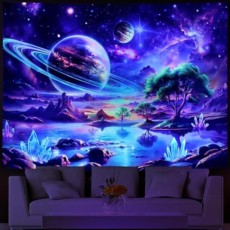 Blacklight Tapestry Glow in the Dark Glow Party UV Reactive Galaxy Trippy Misty Mushroom Nature Landscape Hanging Tapestry Wall Art Mural for Living Room Bedroom