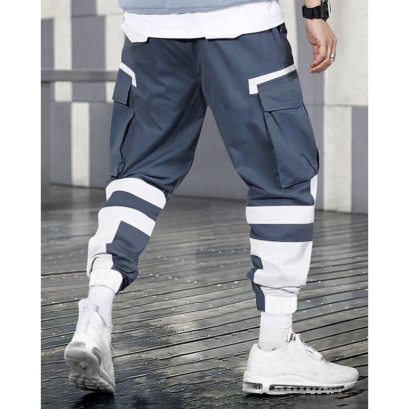 Men's Cargo Pants Trousers Techwear Elastic Waist Drawstring Multi Pocket Color Block Wearable Outdoor Daily Camping & Hiking Fashion Classic Black Blue2