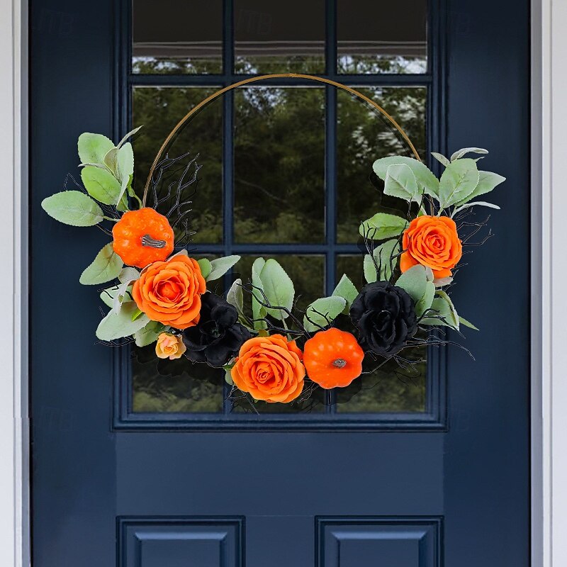 Halloween Wreath for Front Door Indoor Outdoor Decoration, Metal Hoop Pumpkin Rose Floral Wreath, Artificial Halloween Wall Hanging for Home Window Display