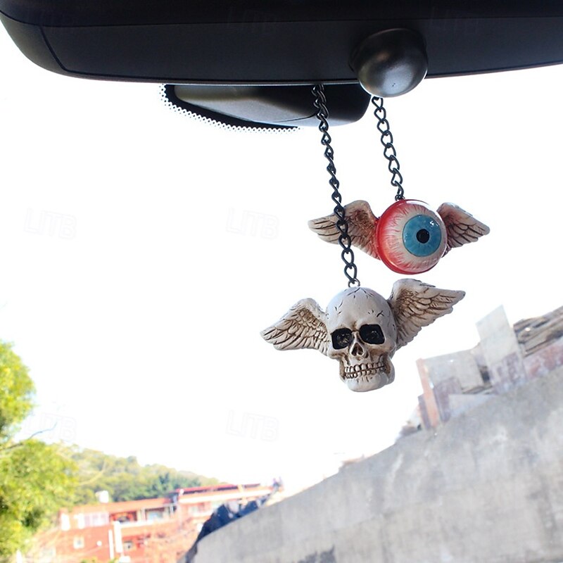 2pcs Halloween Car Hanging Decorations, Devil Wing Ghost Head with Evil Eyeballs, Spooky Auto Interior Ornaments for Halloween Atmosphere