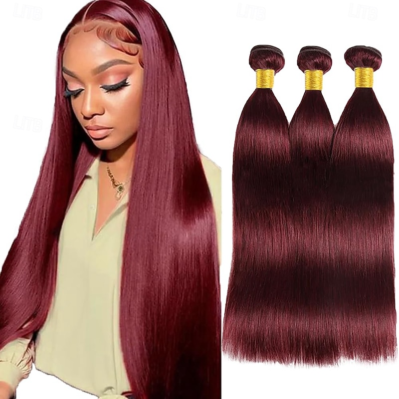 99J# Burgundy Color Hair 3 Bundles Of Human Hair Straight Human Hair Extensions 12-24 inch