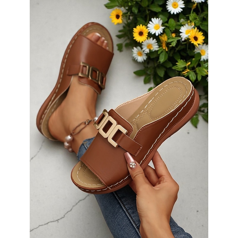 Women's White Faux Leather Slide Sandals with Gold Buckle Casual Style for Garden Walks Vacation and Daily Errands