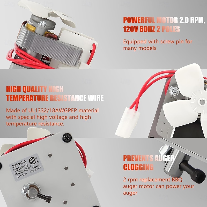 1.6/2.0 RPM Auger Motor Replacement Parts, Compatible with Traeger, Pit Boss, and Camp Chef, Wood Pellet Grill Smokers, Universal Barbecue Auger Motor Replacement 120V 60Hz 2 Pole4