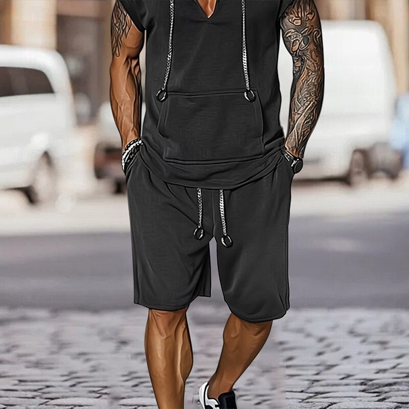 Men's T-shirt Suits 2 Pieces Outfits Tee & Shorts Short Sleeve Hooded Summer Plain Fashion Casual 2 Piece Vacation Daily Wear Going out Black Brown Top Tee for Men4