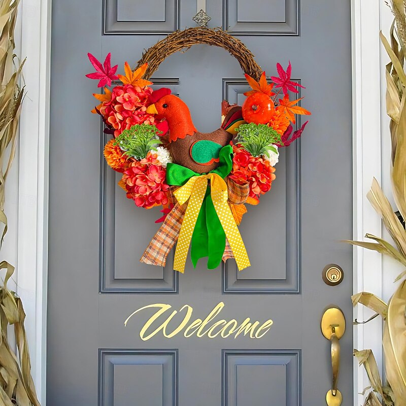 Fall Wreath for Front Door Thanksgiving Autumn Harvest Indoor Outdoor Decoration, Chick Plush and Hydrangea Twig Wreath with Maple Leaves Grapevine Garland2