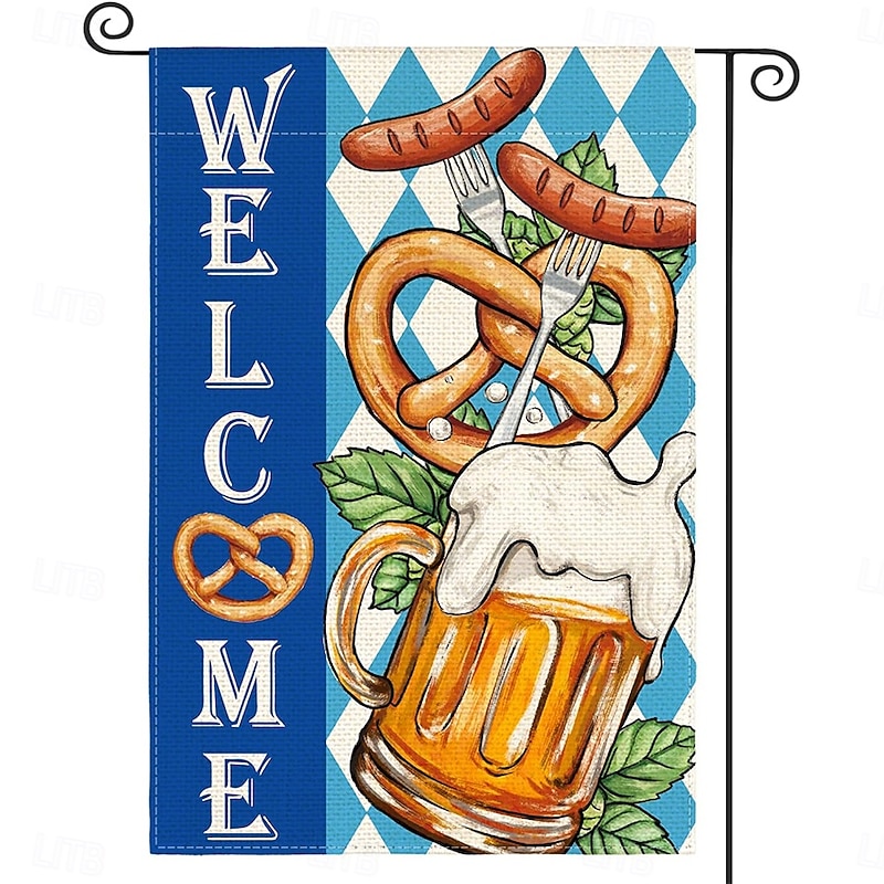 Oktoberfest Garden Flag German Bavarian 12 x 18 Inch Yard Flags, Small Garden Flags for Outside, Outdoor Flags,Beer Design White Blue Plaid Holiday Garden Flags3