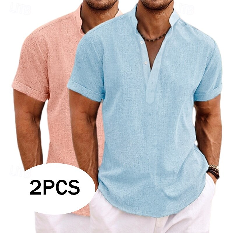 Men's Shirt Linen Shirt Band Collar Shirt Popover Shirt Summer Shirt Beach Wear Plain Vacation Casual Green+Gray White+Yellow White+Green White+Navy Blue Short Sleeve Henley Summer Clothing Apparel
