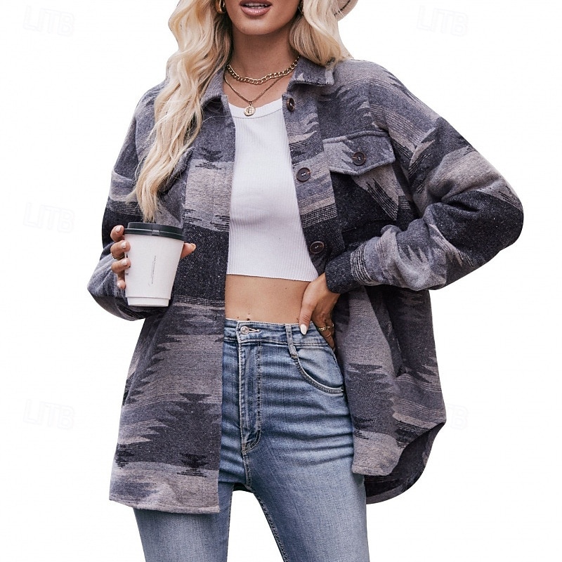 Women's Shirt Jacket Casual Jacket Warm Comfortable Pocket Buttons Fashion Outdoor Print Going out Weekend Single Breasted Regular Turndown Regular Fit Long Sleeve Outerwear Pink Blue Khaki Fall2