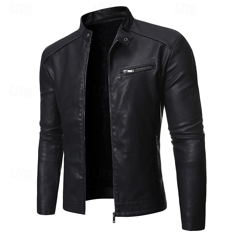 Men's Faux Leather Jacket Biker Jacket Motorcycle Jacket Vacation Daily Windproof Warm Pocket Fall Winter Plain Fashion Classic Stand Collar Regular Black Yellow Jacket