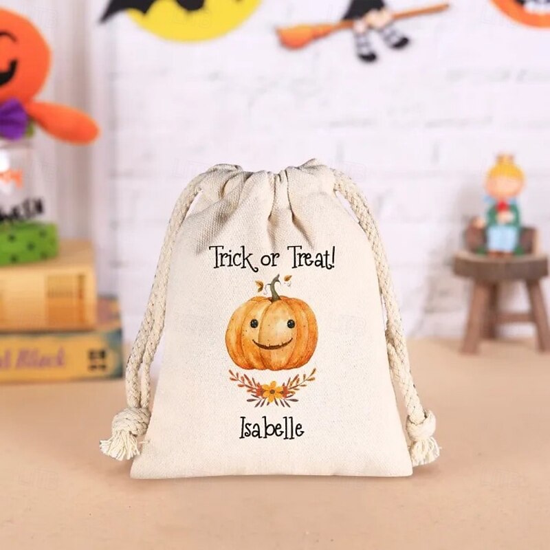 Personalized Name Halloween Treat Bag for Kids Custom Candy Tote Bag Basket for Trick or Treat, Hand-Drawn Forest Style Canvas Gift Sack, Cute Trick or Treat Bag for Toddlers