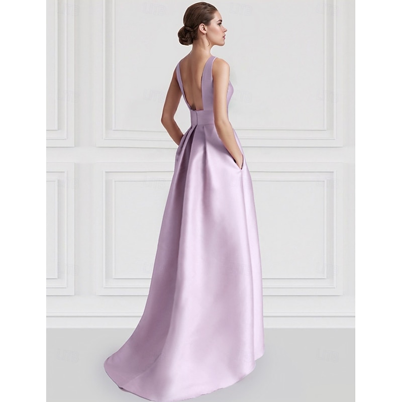 Beach Wedding A-Line Cocktail Dresses Elegant Dress Formal Wedding Guest Floor Length Sleeveless Boat NeckDress Satin with Pocket Dresses2
