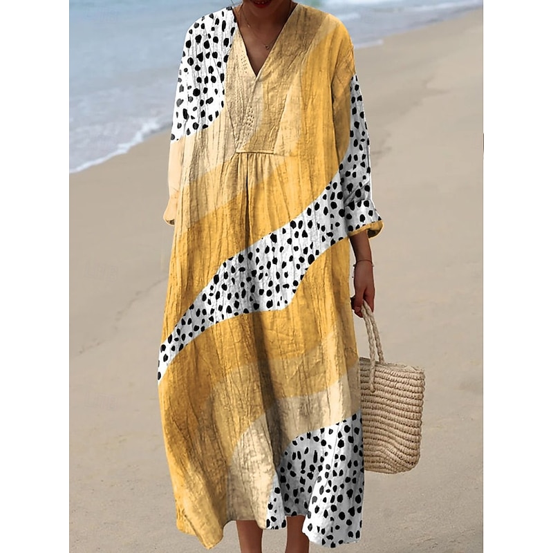 Women's Midi Dress V Neck Long Sleeve Kaftan Lightweight Loose Fit A Line Dress Casual Going out Graphic Geometric Long Sleeve V Neck Yellow Red Blue2