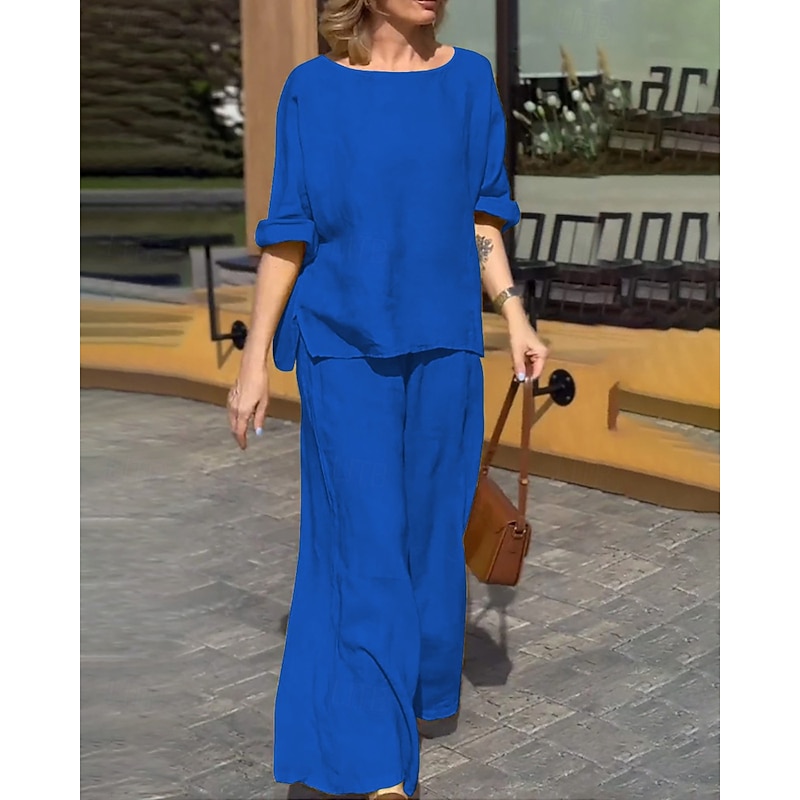 Women's Active Fashion Blouse Pants Sets 3/4 Length Sleeve Crew Neck Solid Color Split Thigh Daily Holiday Yellow Blue Green Summer Regular Fit3