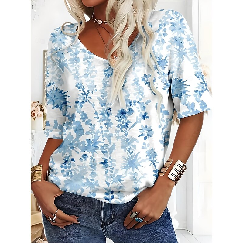 Women's T Shirt Floral Graphic Plants Vintage Fashion Hawaiian Short Sleeve V Neck Regular Tops Daily Going out Weekend Print Red Blue Green Light Blue Summer Spring3