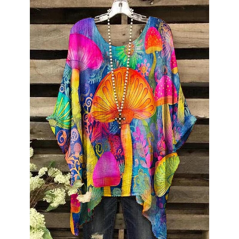 Women's Blouse Graphic Geometric Elegant Vintage Daily Short Sleeve Batwing Sleeve Crew Neck Regular Tops Daily Holiday Vacation Wear Yellow Pink Purple Orange Summer Spring2