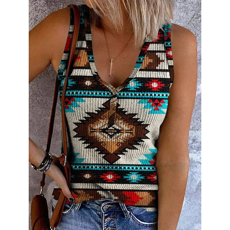 Women's Camisole Tank Top Graphic Geometric Vintage Stylish Western Sleeveless Sleeveless V Neck Crop Tops Daily Print Red Blue Brown Summer Spring