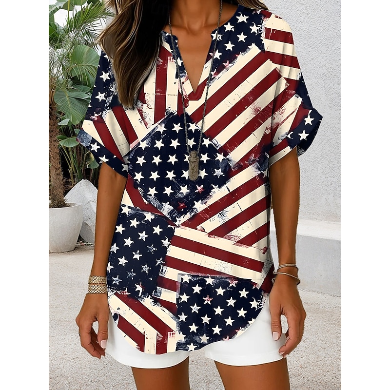 Women's Patriotic  Blouse Graphic Flag Vintage Daily Stylish Short Sleeve V Neck Regular Tops Daily Holiday Denim Blue Red Blue Dusty Blue Summer Spring4