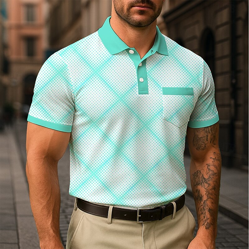 Men's Plaid Polo Short Sleeve Turndown Business Casual Daily Sports & Outdoor Athleisure Casual Daily Pocket Buttons Summer White Navy Blue Green