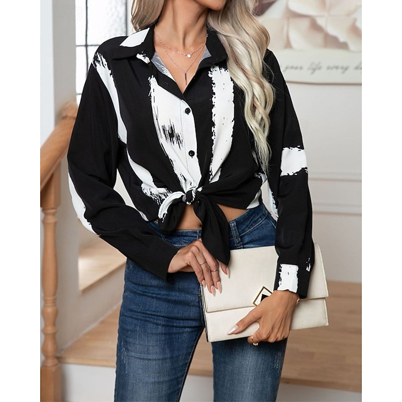 Women's Shirt Abstract Daily Stylish Casual Long Sleeve Shirt Collar Regular Tops Work Daily Holiday Buttons Print Black White Spring Fall4